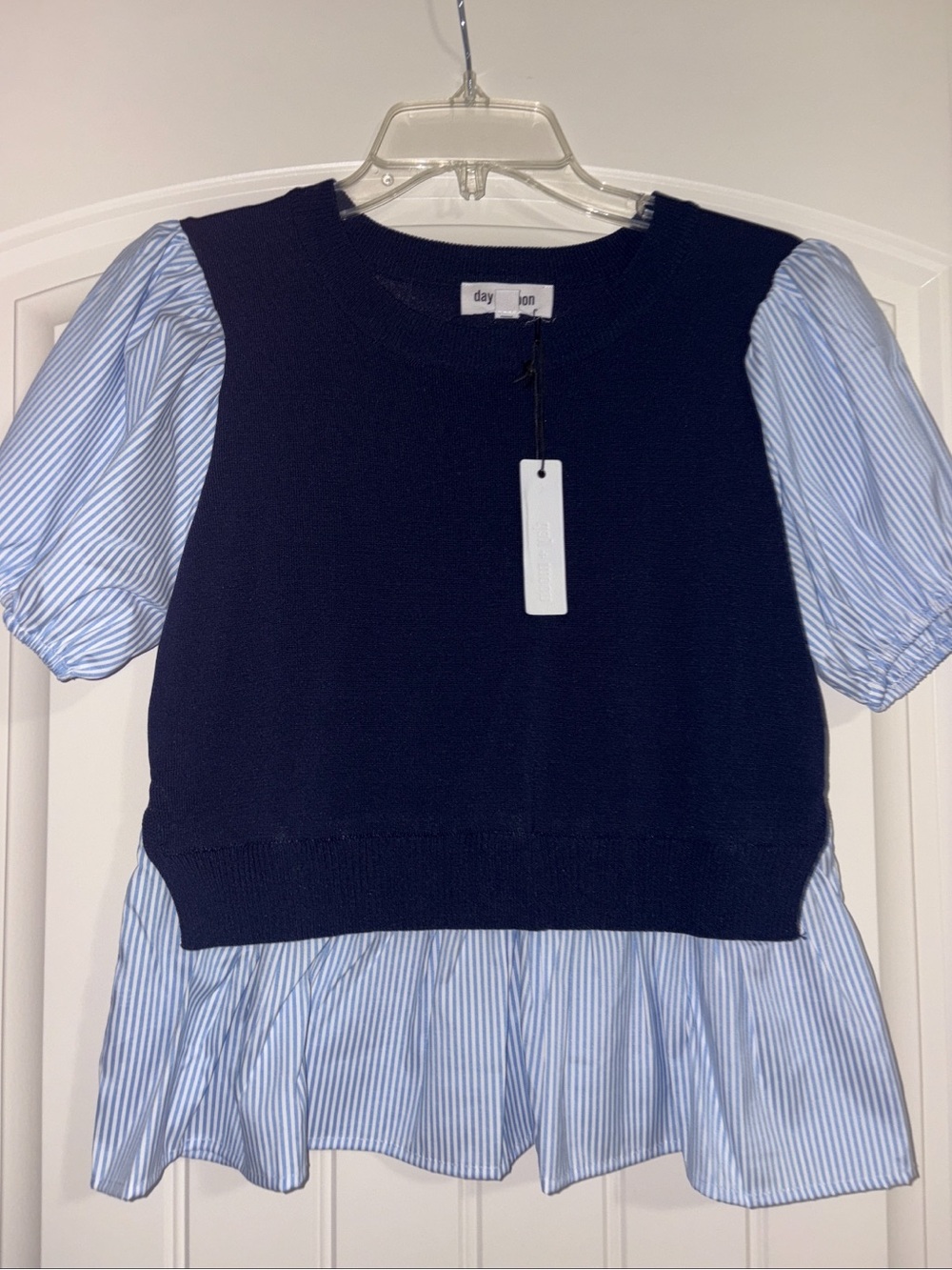 NWY Day + Moon Navy Knit Vest Layered Over Blue Stripe Blouse